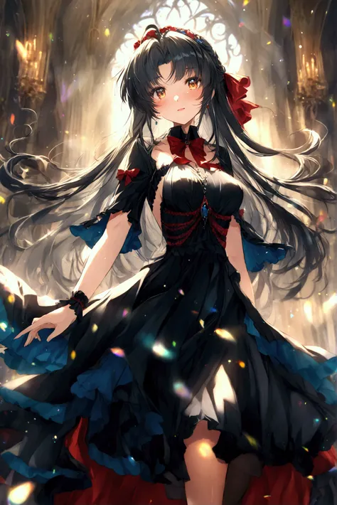 [Hayang]Anime girl; 20 years old, blue-black hair, a red bow in her hair, golden eyes, medium-sized breasts, an elegant black dress and a blue blouse and a bow tie. She is walking in the middle of a gala party.