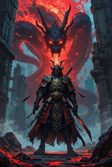  A samurai with red eyes exuding an aura, The anime trait , ( add a giant black snake with red eyes behind him breathing fire), Put him in front of a ruined castle ,