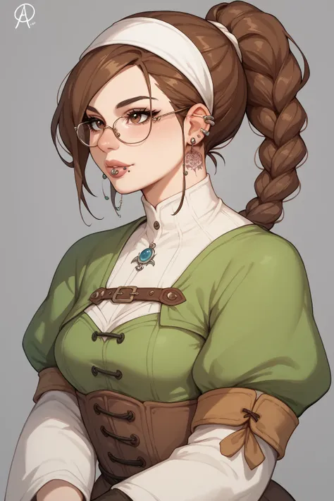 Mature woman, fair skin,  small breasts, brown eyes, brown hair,green Witch Clothes , anime style,Glasses, tattoos,Mouth piercing, medieval style, dark ages,Braid, ponytail ,White headband