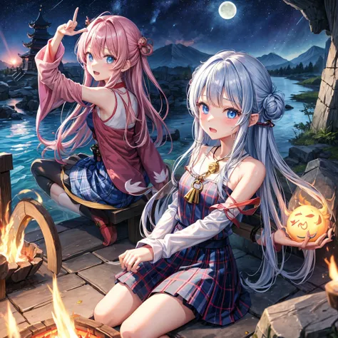  pink茶色髪、 blue eyes、 with hair tied、Two cute、 Plaid Mini Skirt、 BLACK T-SHIRT、 light clothing、 One Piece、 camisole、 high socks、Teeth are visible、The stone is cracked、 the road is crooked、Mountain々、diagonal、 monster 、fog、 Aurora、moon、 shooting star、night、Bo...