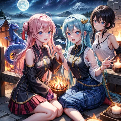  pink茶色髪、 blue eyes、 with hair tied、Two cute、 Plaid Mini Skirt、 BLACK T-SHIRT、 light clothing、 One Piece、 camisole、 high socks、Teeth are visible、The stone is cracked、 the road is crooked、Mountain々、diagonal、 monster 、fog、 Aurora、moon、 shooting star、night、Bo...