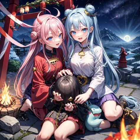  pink茶色髪、 blue eyes、 with hair tied、Two cute、 Plaid Mini Skirt、 BLACK T-SHIRT、 light clothing、 One Piece、 camisole、 high socks、Teeth are visible、The stone is cracked、 the road is crooked、Mountain々、diagonal、 monster 、fog、 Aurora、moon、 shooting star、night、Bo...