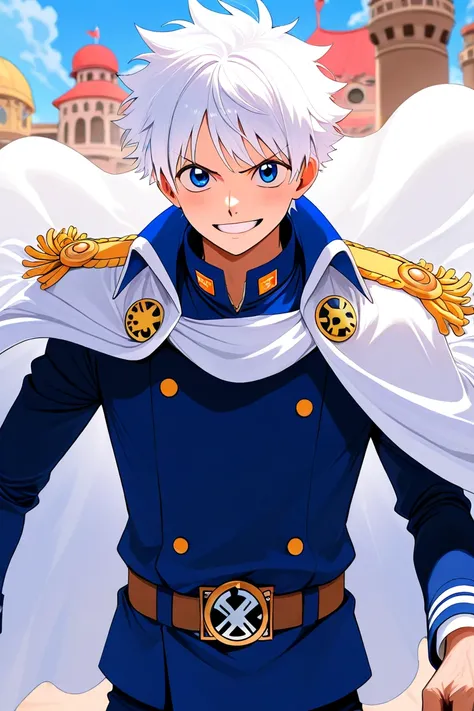 16-year-old white-haired boy ,  blue eyes,  white cape and Navy uniform just like the one piece.  He is similar to Hyuga from Beyblade Metal Fight 