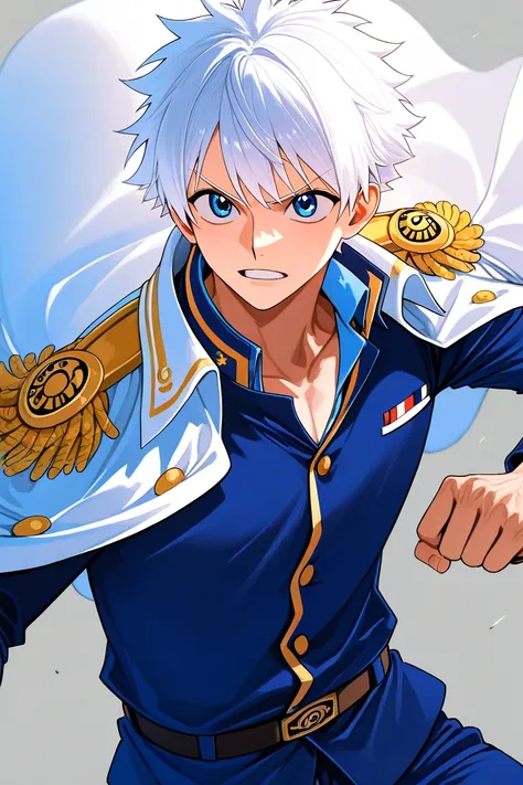 16-year-old white-haired boy ,  blue eyes,  white cape and Navy uniform just like the one piece.  He is similar to Hyuga from Beyblade Metal Fight 