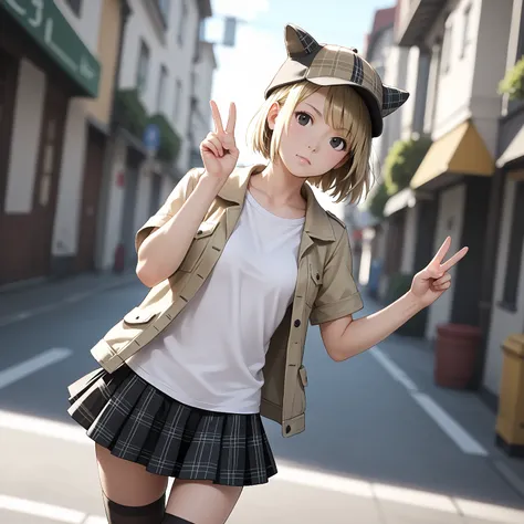 rating_questionable,
(cowboy shot), dutch angle, from lower,
1girl, solo,
ash blonde hair, short bob cut, asymmetrical hair, black eyes,
wearing a beige Cropped Jacket, (deerstalker hat), white solid undershirt, checkered mini skirt, thighhighs, detailed c...