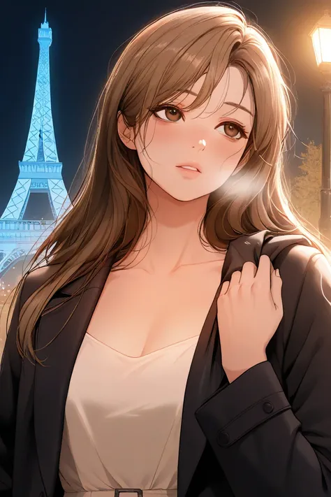 High-Detail Anime, A man removing his own coat and draping it over a woman's shoulders on a cold, snowy night in Paris. His hands gently adjust the coat to make sure she is warm. The Eiffel Tower glows softly in the background, with streetlights casting a ...