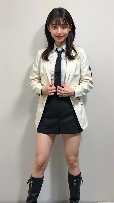 (8k、 RAW photo、 best quality 、Masterpiece:1.2)、( realistic、 realistic)、1 person、(( breast bulge、 is wearing a black miniskirt 、bangs、 white shirt 、Thin legs、 black jacket、 ties、smile、whole body、 medium hair with visible tattoos、 front view、Standing with ha...