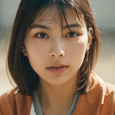 A hyper-realistic image of a single Japanese woman in her early 20s, captured with the nostalgic warmth and subtle graininess of a film camera. Her skin has a warm beige tone with a natural, slightly rough texture that includes visible pores, fine lines, a...