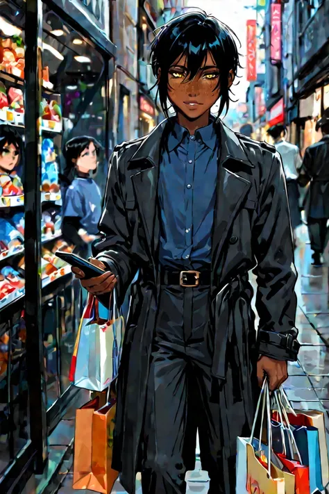 man, delgado, adult, short black hair , golden eyes and dark skin ,  androgynous face with freckles on the cheeks .  Coming home with some shopping bags dressed in black pants, dark blue shirt and a black trench coat. Holding his cell phone looking at some...