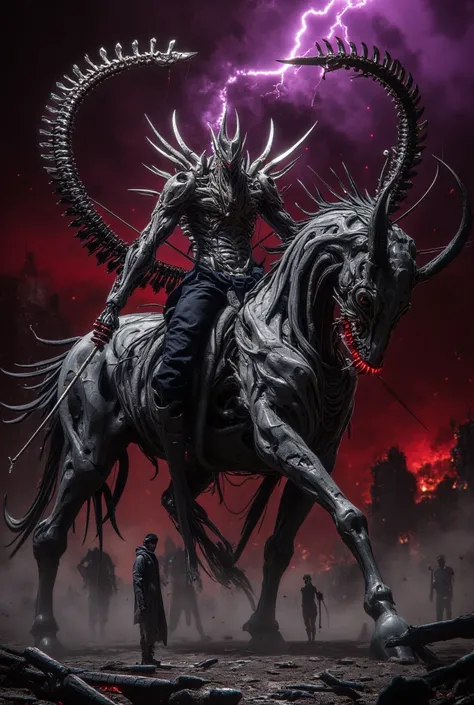  A gigantic abomination with the distorted shape of a centaur .  His upper half is that of a demonic archer ,  with bony arms and long fingers that hold a bow made of bones and pulsating flesh .  His skin is gray and cracked , Like dead stone ,  with black...