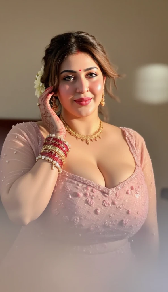 Indian beautiful woman sexy bhabhi, Copper colour strapless Sleeveless blouse,very deep cleavage,curvy plus size model wearing transparent white pink floral color saree ,Copper colour satin glossy strapless sleeveless blouse, plenty of red and white bangle...