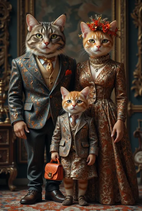  a family of Colombian cats from high society,their clothing highlights their wealthy social status ,father,mother,son and daughter ,well detailed modern family 