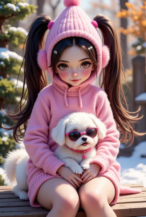  American girl with wide, expressive eyes, long flowing dark hair in ponytails and pink snow boots. A delighted smile as she sits on a wooden park bench, surrounded by lush greenery with snow on a sun shiny day. With her white well groomed Tzu Maltese pup ...