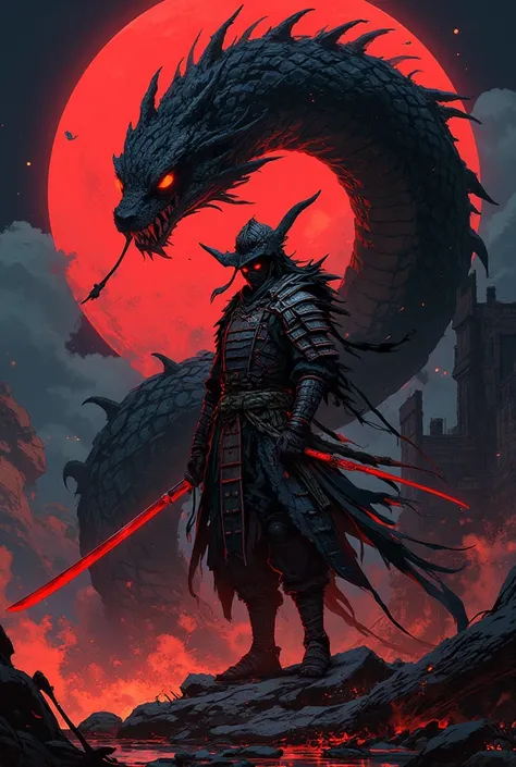  A samurai with red eyes exuding an aura, The anime trait , (Add a black snake with red eyes and giant black scales and spines behind it spitting fire), Put him in front of a ruined castle , Do him holding the red katana, Put a red moon in the background o...