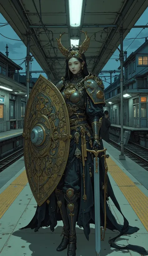   Surrealism  ,   artwork, 8K quality,  beautiful Japanese woman wearing dress armor 、Standing on the station platform、 holding a large beautifully decorated shield and a beautiful platinum sword for the ceremony、An unpopular home at night 