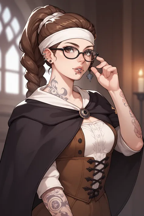 Mature woman, fair skin,  small breasts, brown eyes, brown hair, Black Witch Clothes , anime style,Glasses, tattoos,Mouth piercing, medieval style, dark ages,Braid, ponytail ,White headband