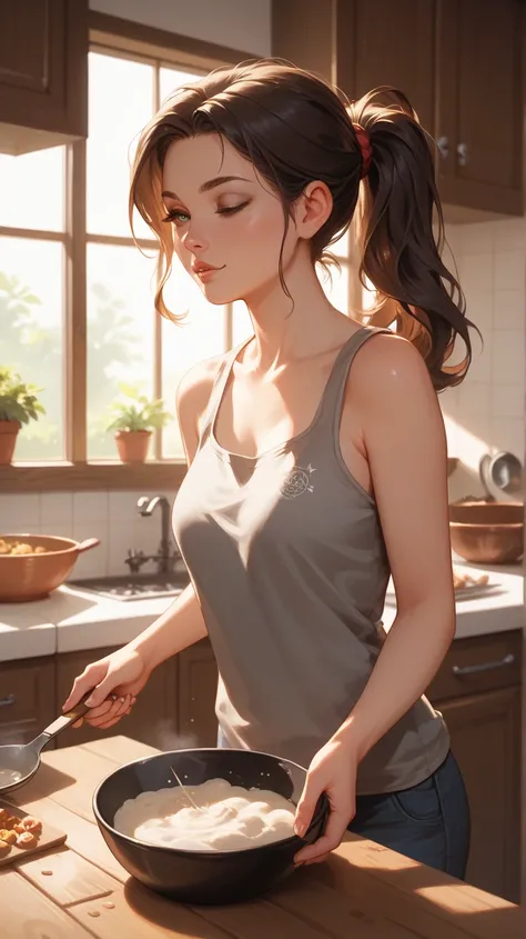 A charming young woman with silky chestnut hair tied into a loose ponytail, wearing a simple gray tank top. She stands in a rustic kitchen, stirring a bowl of batter, with warm golden light casting a soft glow on her face and surroundings.