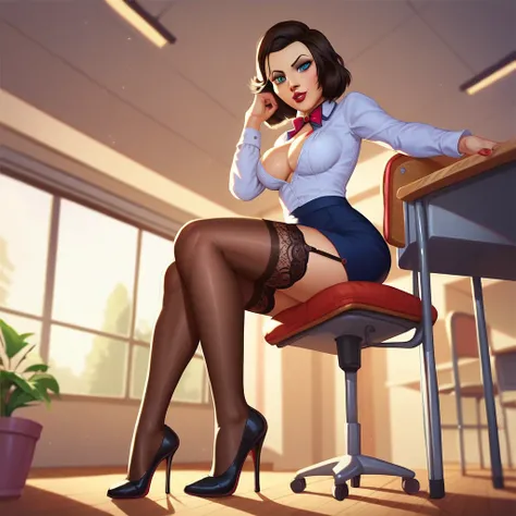 2d ,   Elizabeth from BioShock , School office,  high-heeled shoes, garter belt,   stockings,  cartoon screenshot dressing like a teacher 