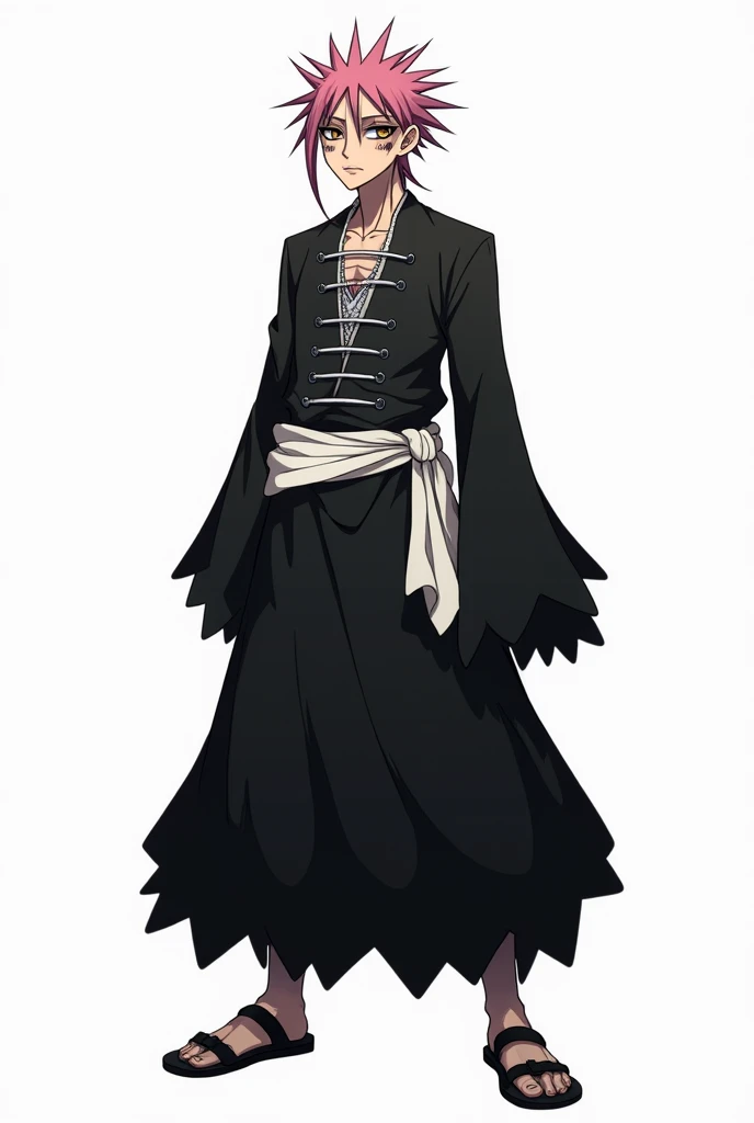 Young Bleach ,  bleach design style ,  he has different facial expression changes , fuchsia hair , gray eyes,  has an empty look ,  his face is completely stapled with metal ,  his clothes are completely black with long sleeves and the lower part of the fa...