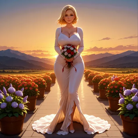 ((  full body costume )), ((  best quality )), ((  realistic image )), Beautiful blonde woman, 40 years, smiling,  big breasts,  big butt ,  BOUQUET,  white dress  , flower garden, In the afternoon ,  sunset ,  mountains  ,  with a warm smile 
