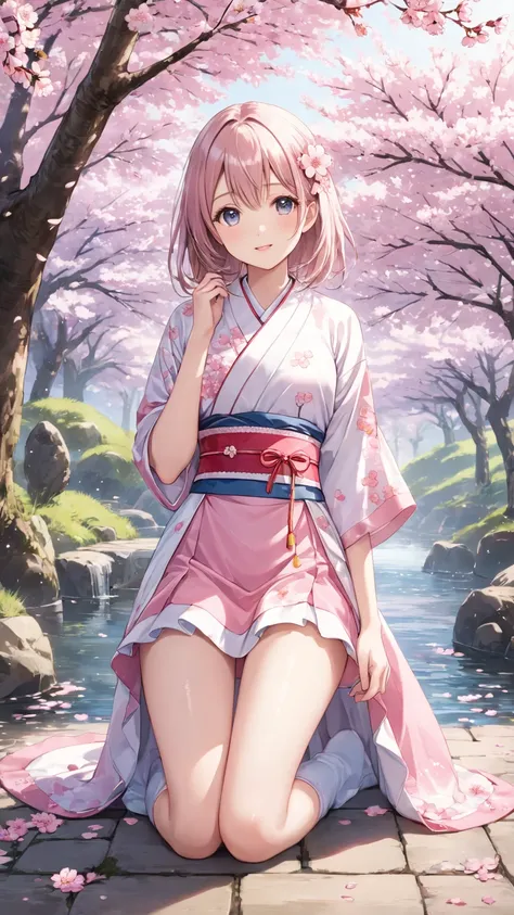 Masterpiece, more details, best quality ,8k,illustration, full body shot、 cute face, clean skin , shiny hair, girl , more details-eyes, 露出の多いcherry blossomsの花びらでできた水着,cherry blossoms、ショートカットのcherry blossoms色の髪、 rider position