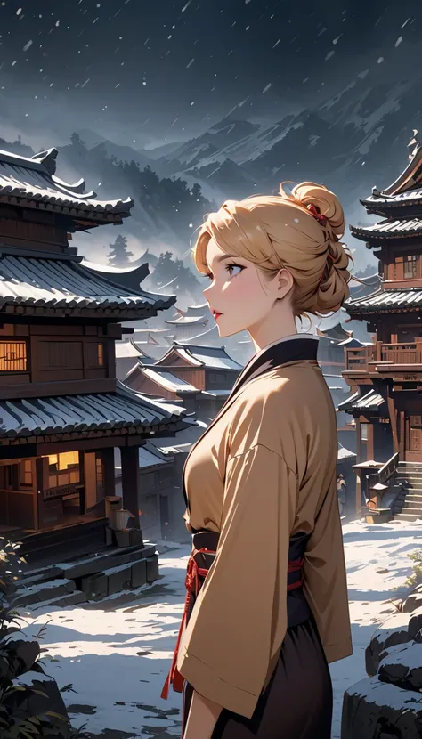 vintage movie, girl, wavy blonde hair, woman body, village View,  on the roof of an temple building, Adult female, look ing up at the sky, snowing, winter, midnight, shinobi building, shinobi village, Generate image, yukata, Anime style, The protagonist is...