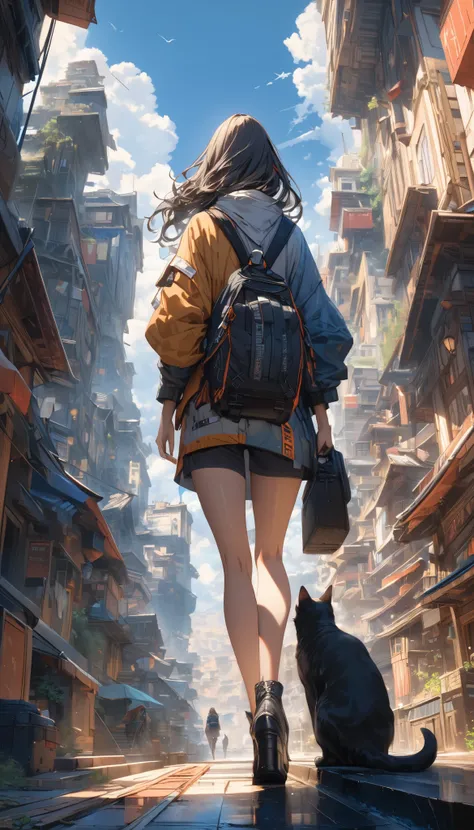 (Masterpiece, best quality:1.3, beautiful super detailed, ultra high resolution, multi color), a woman traveling with a cat, Dramatic composition, BREAK deep storyting, artistic,