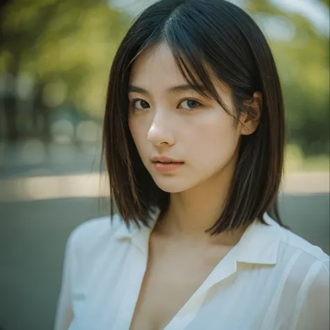 A hyper-realistic image of a single Japanese woman in her early 20s, captured with the nostalgic warmth and subtle graininess of a film camera. Her skin has a warm beige tone with a natural, slightly rough texture that includes visible pores, fine lines, a...