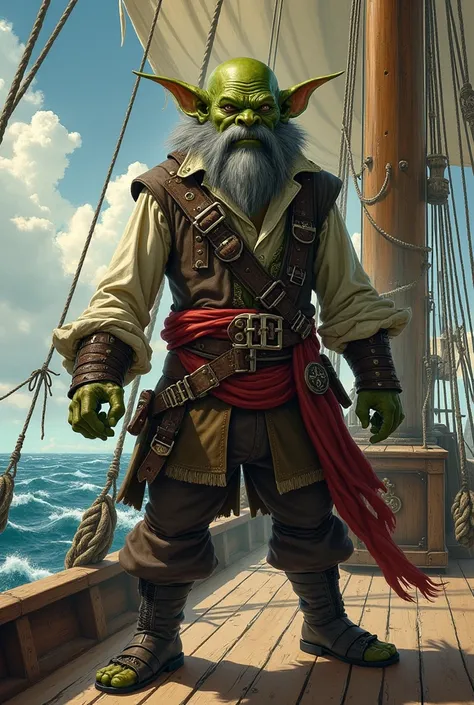 A highly detailed and striking oil painting inspired by 1970s fantasy art. The scene features a green-skinned goblin pirate striking a heroic pose on the deck of a majestic square-rigged sailing ship. He stands confidently among the ship’s towering masts, ...