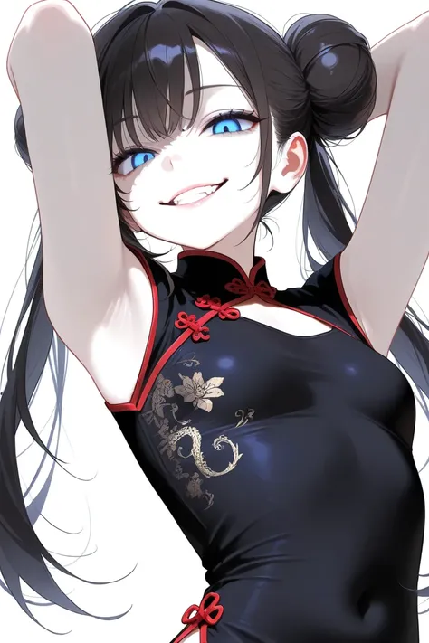 (Best Quality, Background Detail), Best Quality, Original Detail Dynamic Art, Anatomically Correct, Blue Eyes, Image from Waist, Armpit, Navel, One Girl, Provocative Glance, Evil Smile, White Skin, Twin Tails in a Bun, Dark Hair, (Black Chinese Dress), (Sh...