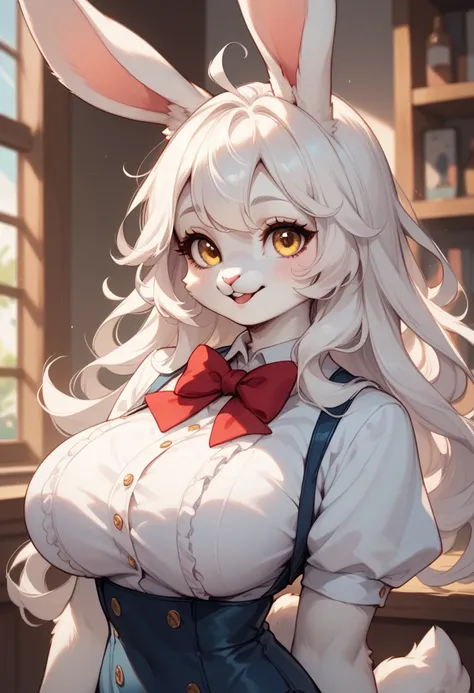 Furry girl rabbit white hair big breasts yellow eyes long white hair white fur cute cute clothes cute cute clothes cute