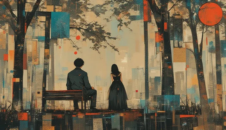 A man with short black hair, front view, sitting on a park bench looking at a woman with her back to him. , Surreal collage, contemporary art collage, collage artwork, New Album Cover, Good Job!! , digital collage、(collage), collage art, contemporary colla...