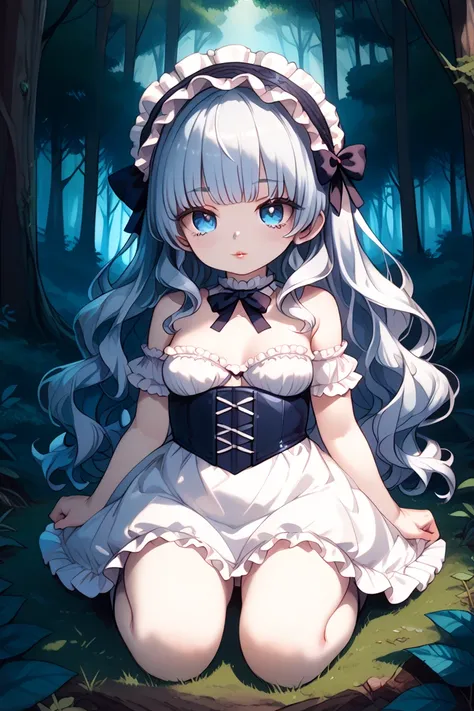 A captivating young girl, who is a harmonious blend of elegant features and youthful charm, with short Lolita white dress , (dark forest background rojo:1.4) , classification_explicit, 1 girl, ((18 years:1.2)), adult, full lips, large clear eyes, light blu...