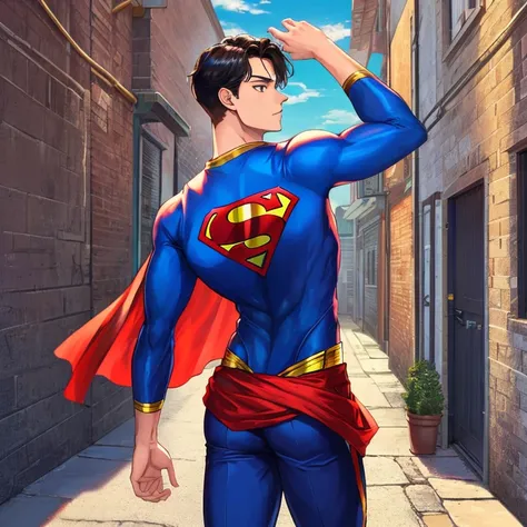 (Best Quality), (Best Quality), (Best Quality), (Full View) Back Alley, Attractive Young Man, Superman Costume, 18 years old, slim waist, 190cm tall, long hair, long bangs, Superman, hands up in surrender, regretful expression.