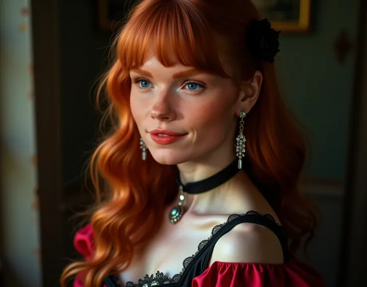 copper-toned red-haired girl with straight bangs, blue eyes, sexy smile, slim, round ass, over-the-shoulder hair, crystal earrings, red and black Victorian-era corset, blushing, mischievous, mischievous face, hyperrealism, cinematic lighting, cowboy shot, ...