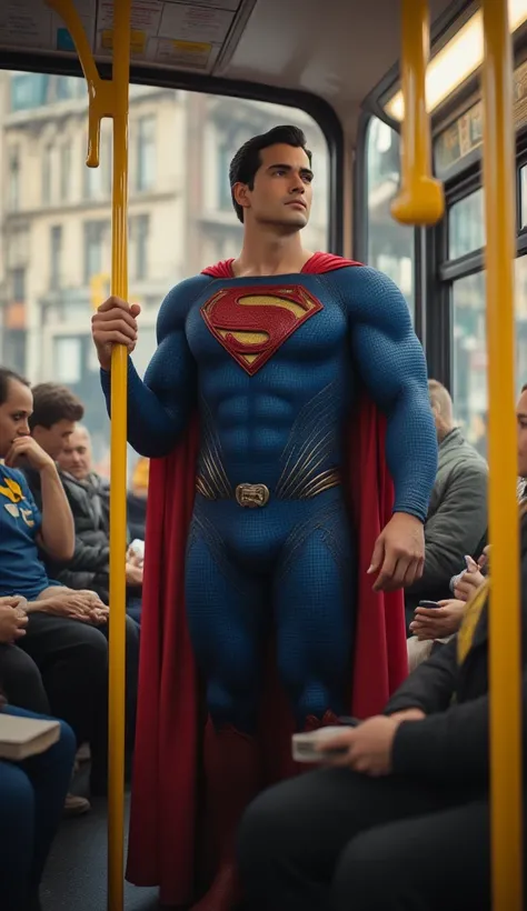 A hyper-realistic scene of Superman from DC Comics, standing inside a city bus during a calm afternoon ride. He is wearing his iconic blue suit with the red cape draped behind him and the bold "S" emblem on his chest. His expression is peaceful and thought...