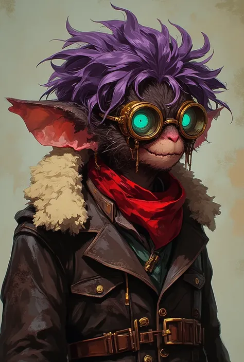 Gremlin with characteristics of a humanoid bat but with an animalistic face, mouth closed but with some exposed teeth ,  pointed upper lip slightly covering the tip of the lower one with a beak,  messy purple hair with darker and lighter shades,  bright bl...