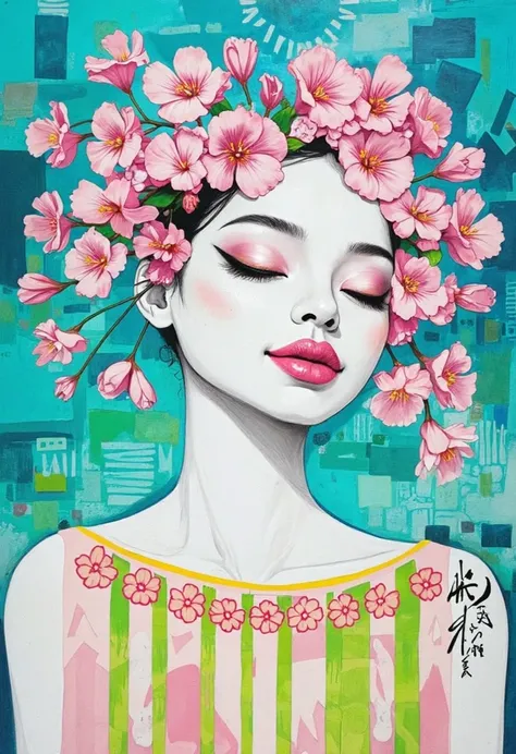 Woman with lapacho flowers on her head, abstract and pop elements