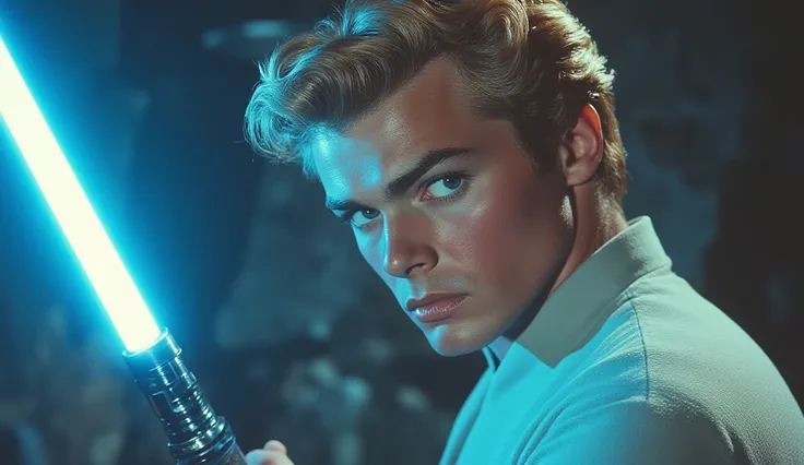  James Dean as Luke Skywalker ,  with blond hair with the cut that Mark Hamill wore in A New Hope. Close-up with his laser .