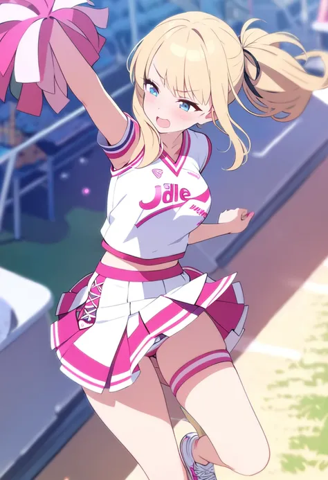 (masterpiece, best quality), 1girl, solo, kawaii, cheerleader, mini skirt, blonde hair, wind lift, idle