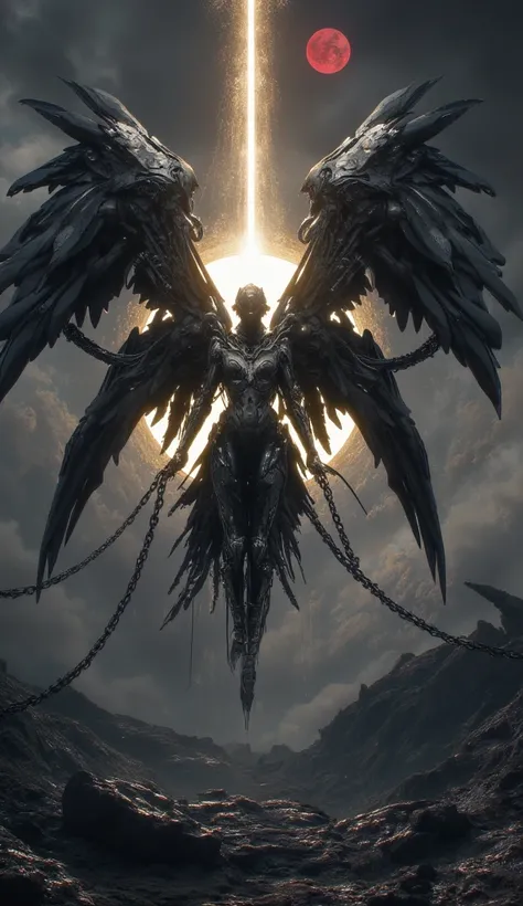  Fallen angels float above a bleak and desolate landscape ,  with damaged wings and black plumes slowly falling to the ground . Their armor is cracked ,  reflecting a dull glow while broken chains still hang from their arms. In the sky above,  a portal of ...