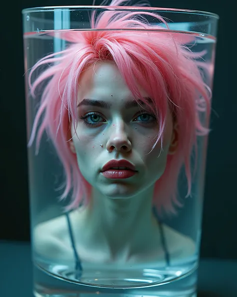 Beauty punk girl with pink hair in a glass of water 
