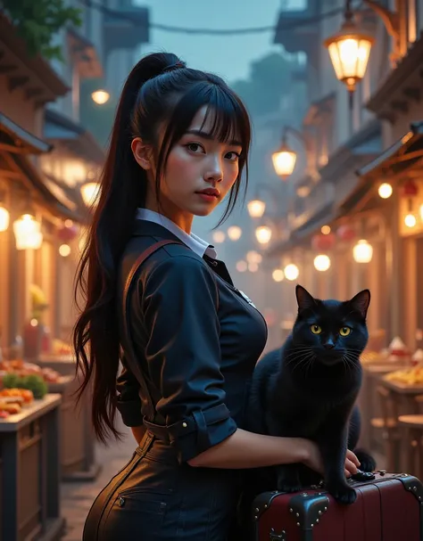  fantasy story of a girl who went on an adventure with her cat、Ultra-detailed、 best quality 、8k、 high resolution、masterpiece、 RAW photos 、Realistic、 1 girl、18-year-old mechanic 、 perfect anatomy、 beautiful eyes、 Beautiful, Well-groomed Face 、 watch viewers...