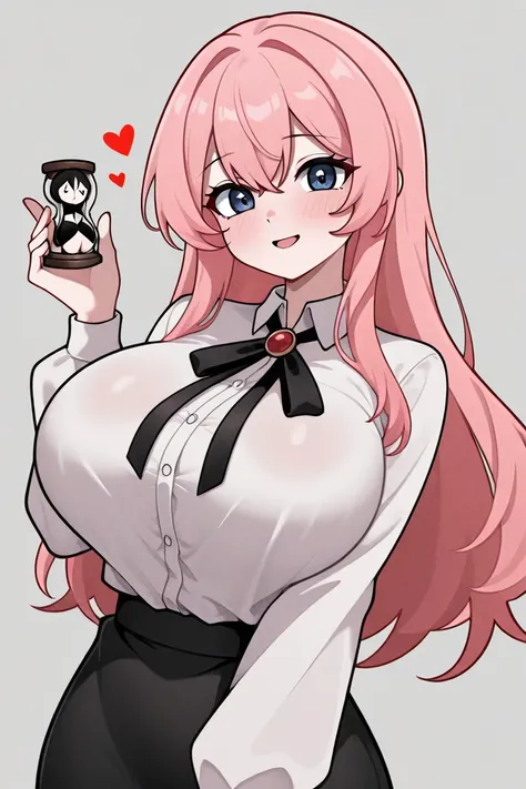 White woman, heart-shaped face, beautiful appearance, long pink hair, dark blue eyes, hourglass doll, big breasts, big breasts, big breasts. The highlight of the image is wearing a shirt, accentuated points, a concave point, a black chest, a black waistban...