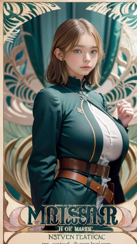 Emma Myers,  absurd,  best quality , 1 girl, Alone,  model, ( art nouveau style poster:1.25),    watch viewers ,  bracelet , Intense Perspectives , Playing with the camera,  model pose,  seductive look、（Big Breasts:2)、 tea hair、dark green military uniform ...