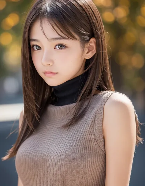  A female middle school student who emphasizes beautiful upper arms with just the right amount of muscle and seductive, attractive shoulders from a sleeveless black turtleneck knit sweater to show viewers, one girl,   Very realistic skin texture、high resol...