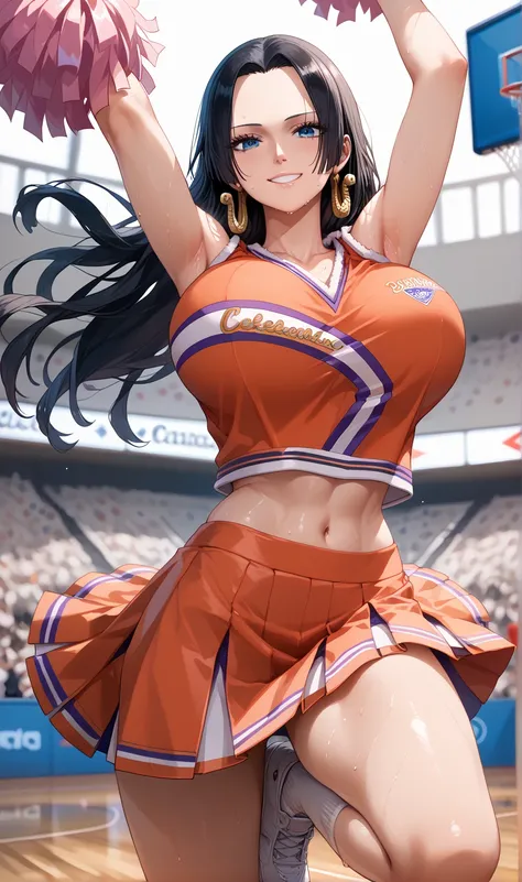 Close mouth,Milf, motherly, Fitgirl, Score_8_up, Score_7_up,  break, Best Quality, Beautiful Skin, Boa Hancock, Black Hair, blue eyes, Long Hair, forehead, huge Breasts, sensual woman, 1girl, cheerleader, pom_pom_(cheerleading), solo, white_background, sim...