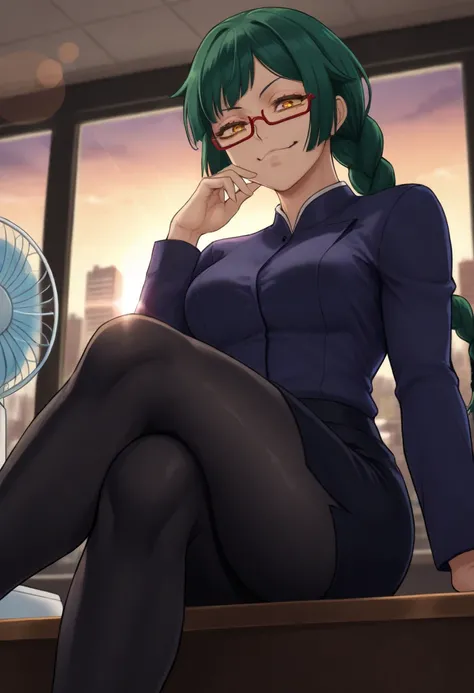 masterpiece, best quality, 1girl, toned,
Green hair, yellow eyes, single braid, long hair, glasses, red-framed eyewear, 
office lady, black pantyhose looking at viewer, smug, toned, sitting, crossed legs, sitting on table, indoors, office, window, cityscap...