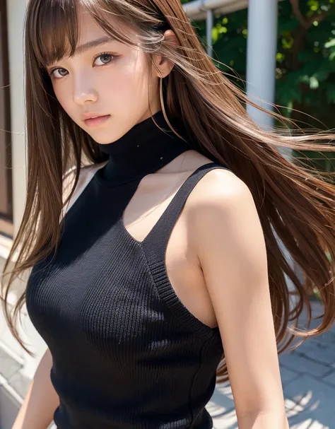  A female middle school student who emphasizes beautiful upper arms with just the right amount of muscle and seductive, attractive shoulders from a sleeveless black turtleneck knit sweater to show viewers, one girl,   Very realistic skin texture、high resol...