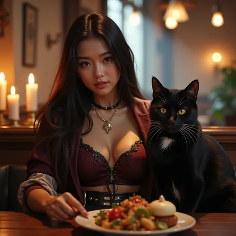  fantasy story about a girl who embarks on an adventurous journey with a cat、Ultra-detailed、 best quality 、8k、 high resolution、masterpiece、 RAW photos 、Realistic、 1 girl、18-year-old mechanic 、 perfect anatomy、 beautiful eyes、 Beautiful, Well-groomed Face 、...